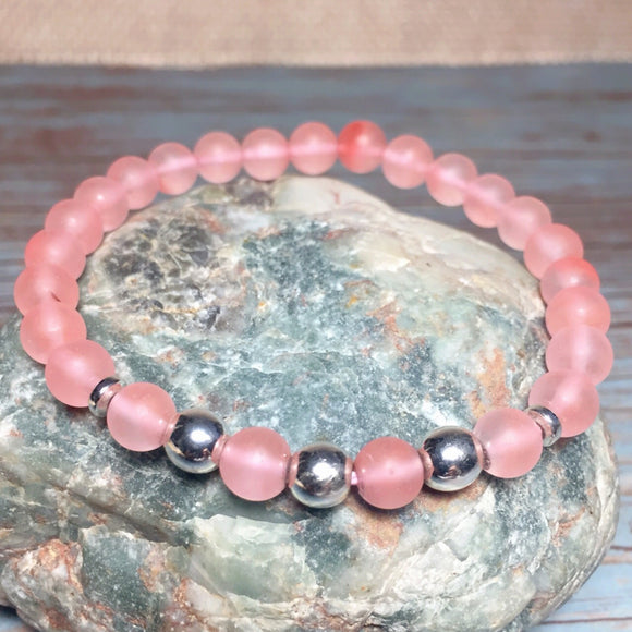 Matte Pink Crystal Hematite Gemstone Beaded Handcrafted Stretch Bracelet