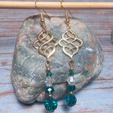 Light Gold Cyan Emerald Clear Glass Crystal Celtic Knot Handmade Earrings