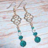 Light Gold Cyan Emerald Clear Glass Crystal Celtic Knot Handmade Earrings