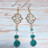 Light Gold Cyan Emerald Clear Glass Crystal Celtic Knot Handmade Earrings