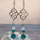 Light Gold Cyan Emerald Clear Glass Crystal Celtic Knot Handmade Earrings