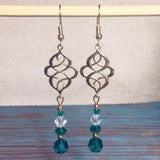 Light Gold Cyan Emerald Clear Glass Crystal Celtic Knot Handmade Earrings