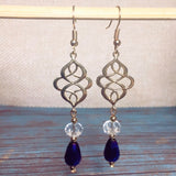 Celtic Knot Earrings Light Gold Blue Purple Crystal Glass