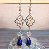 Celtic Knot Earrings Light Gold Blue Purple Crystal Glass