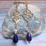 Celtic Knot Earrings Light Gold Blue Purple Crystal Glass