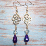 Celtic Knot Earrings Light Gold Blue Purple Crystal Glass