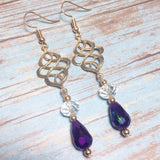 Celtic Knot Earrings Light Gold Blue Purple Crystal Glass