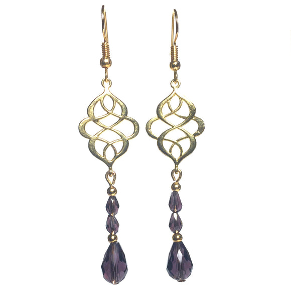 Celtic Knot Light Gold Dark Purple Glass Crystal Teardrop Beaded Handmade Earrings