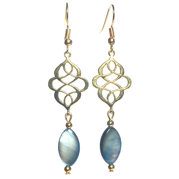 Celtic Knot light gold oval blue seashell handcrafted earrings