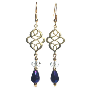 Celtic Knot Earrings Light Gold Blue Purple Crystal Glass