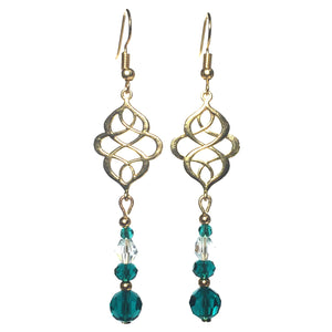 Light Gold Cyan Emerald Clear Glass Crystal Celtic Knot Handmade Earrings