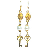 Celtic Triskelion Key Gold & White Beaded Handmade Earrings