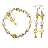 Celtic Triskelion Key Gold & White Beaded Handmade Bracelet Earring Set