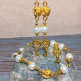 Celtic Triskelion Key Gold & White Beaded Handmade Bracelet Earring Set