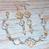 Celtic Knot Set Light Gold Clear Glass Bracelet and Earrings