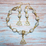 Celtic Knot Antiqued Gold & Clear Beaded Handcrafted Bracelet Earring Jewelry Set