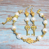 Celtic Triskelion Key Gold & White Beaded Handmade Bracelet Earring Set