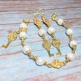 Celtic Triskelion Key Gold & White Beaded Handmade Bracelet Earring Set