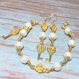 Celtic Triskelion Key Gold & White Beaded Handmade Bracelet Earring Set