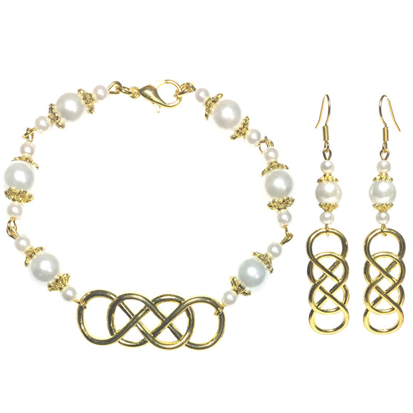 Infinity Gold and White Handcrafted Beaded Bracelet Earring Jewelry Set