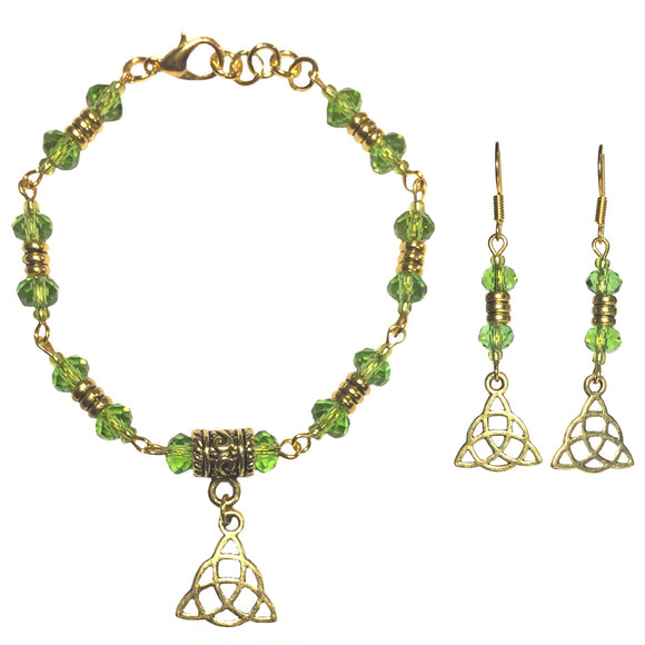 Triquetra Celtic Knot Gold Green Jewelry Set Bracelet Earrings Handmade