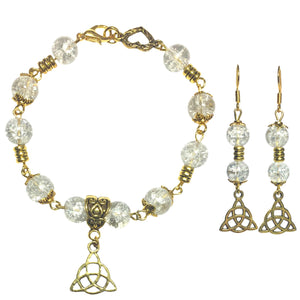 Celtic Knot Antiqued Gold & Clear Beaded Handcrafted Bracelet Earring Jewelry Set