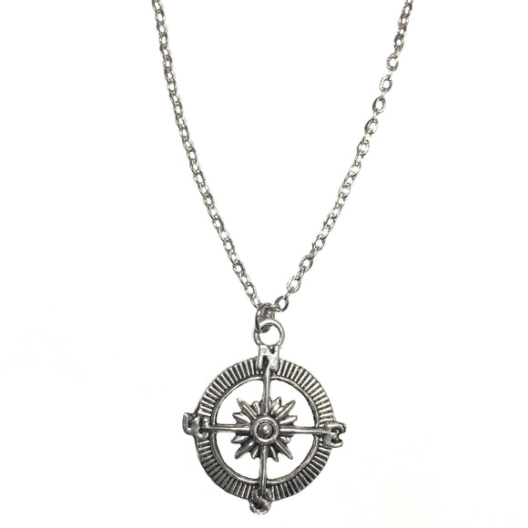 Compass Pendant Chain Necklace Silver