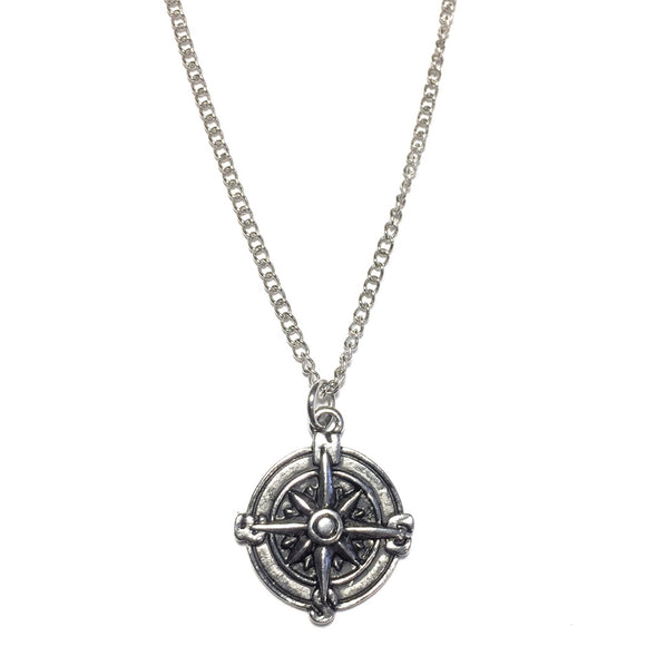 Small Compass Pendant Chain Necklace Silver