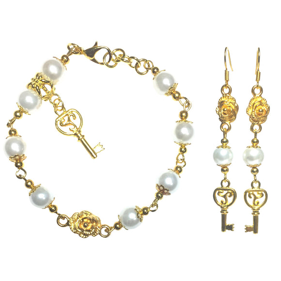 Celtic Triskelion Key Gold & White Beaded Handmade Bracelet Earring Set