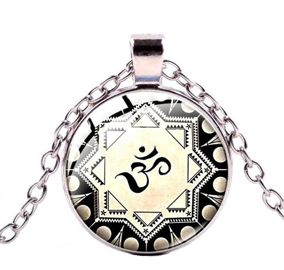 Buddhist Ohm Glass Dome Pendant on Chain Necklace Silver