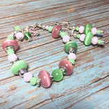 Green and Pink Murano Glass Crystal Beaded Handcrafted  Jewelry Set Bracelet Earrings