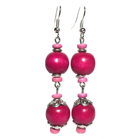 Fuchsia Pink Wood Beaded Handmade Earrings