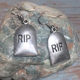 RIP Tombsone Antiqued Silver Charm Earrings