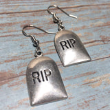 RIP Tombsone Antiqued Silver Charm Earrings