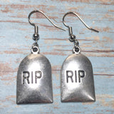 RIP Tombsone Antiqued Silver Charm Earrings