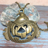 Large Bronze Jack-O'-Lantern Pendant on Chain Necklace