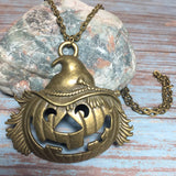 Large Bronze Jack-O'-Lantern Pendant on Chain Necklace