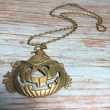 Large Bronze Jack-O'-Lantern Pendant on Chain Necklace