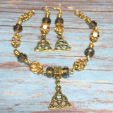 Antiqued Gold Earthy Celtic Knot Triquetra Bracelet Earring Jewelry Set