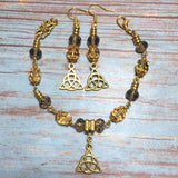 Antiqued Gold Earthy Celtic Knot Triquetra Bracelet Earring Jewelry Set