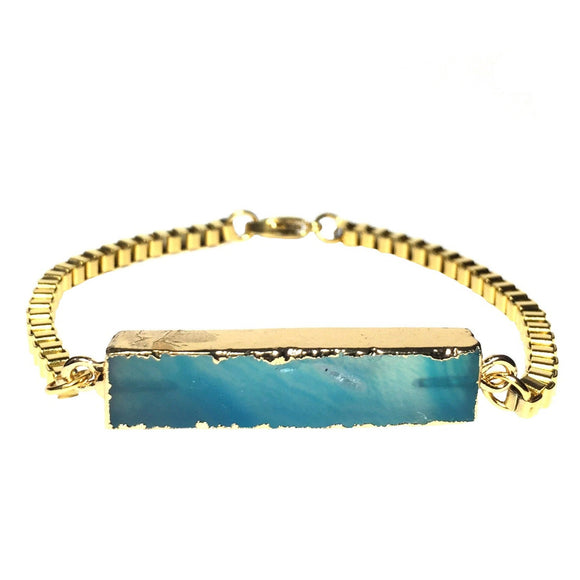 Natural Semi Precious Teal Agate Gemstone 18K GP Yellow Gold Plated Chain Bracelet