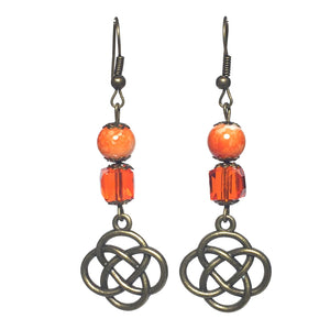 Bronze Knot Orange Glass Crystal Beaded Handcrafted Earrings