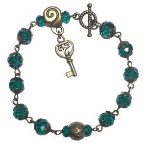 Triskelion Key Bronze Emerald Cyan Glass Beaded Handmade Bracelet