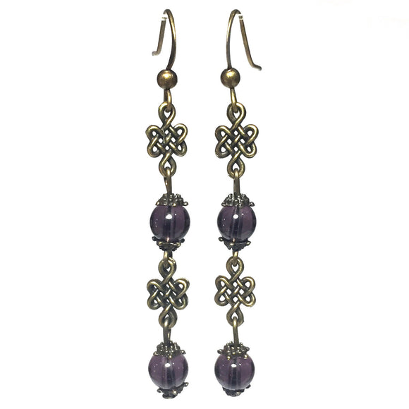 Bronze Knot Purple Glass Beaded Handmade Earrings