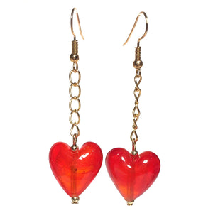 Large red lampwork glass heart handmade chain earrings