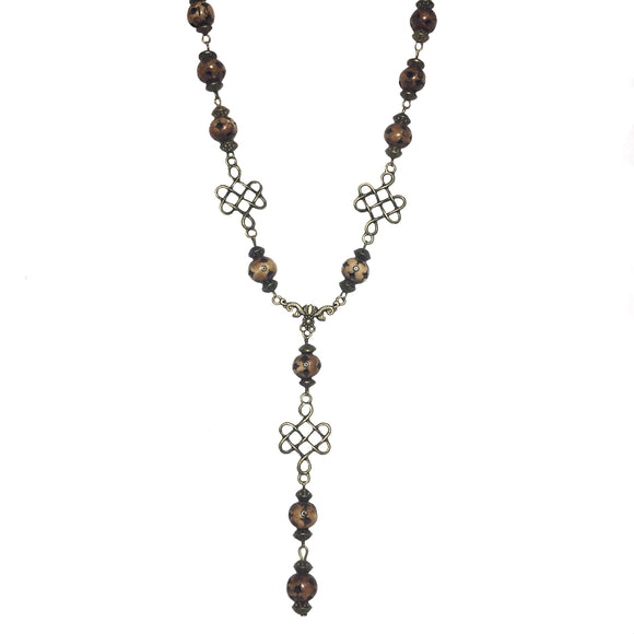 Bronze and Brown Celtic Cross Knot Beaded Handcrafted Necklace