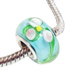 Blue Floral Lampwork Glass Bead Charm Fits Pandora Bracelet