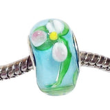 Blue Floral Lampwork Glass Bead Charm Fits Pandora Bracelet