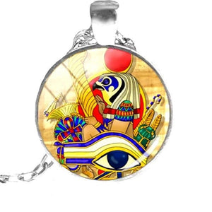 Egyptian Bird God Horus Ra Eye Glass Dome Pendant Chain Necklace Silver