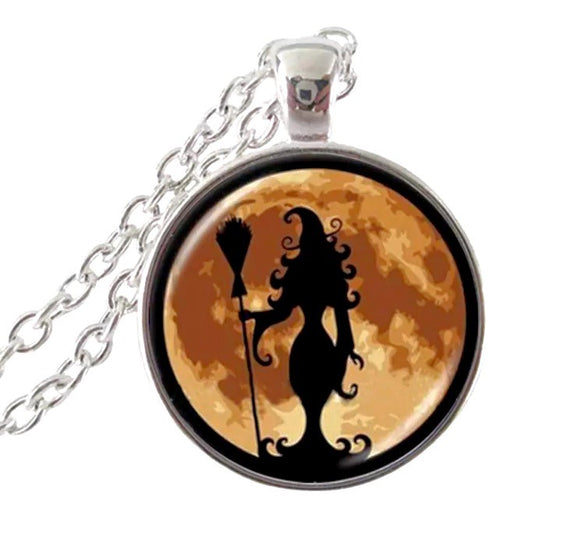 Curvy Witch Glass Dome Pendant Chain Necklace